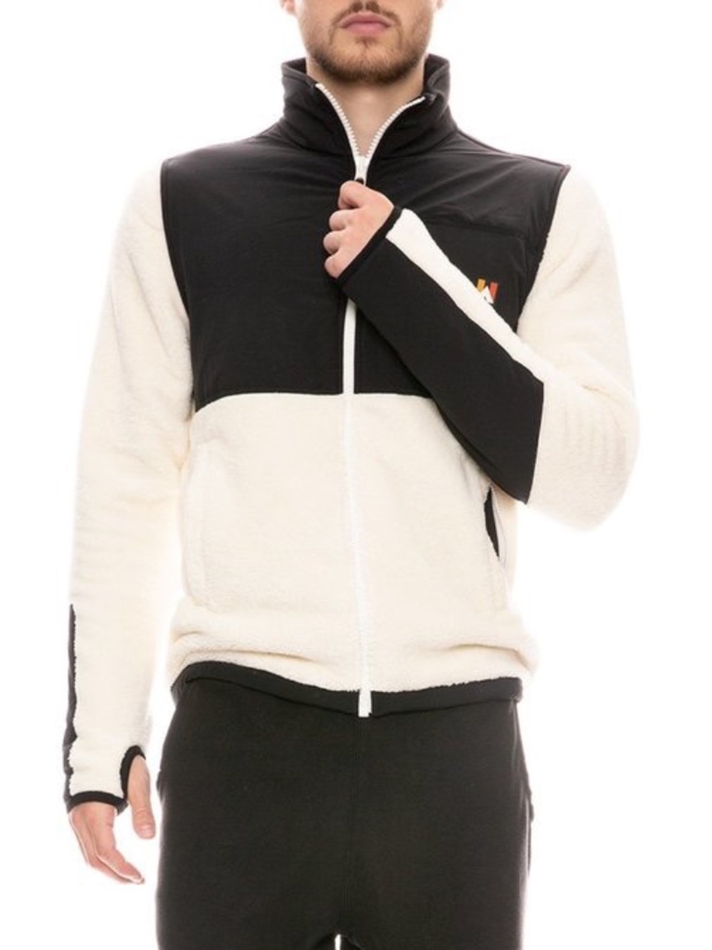 Wood Wood Men's Sz S Hannes Colorblock Fleece Full Zip Jacket Off-White Black